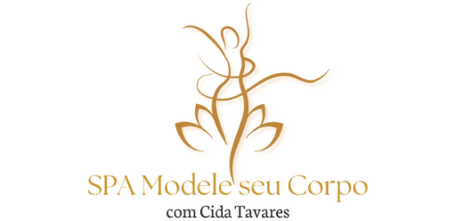 Logo Marca Spa Modele seu Corpo na cor dourada e marrom. Flor de lóuts com silhueta de Mulher. Abaixo escrito Cida Tavares